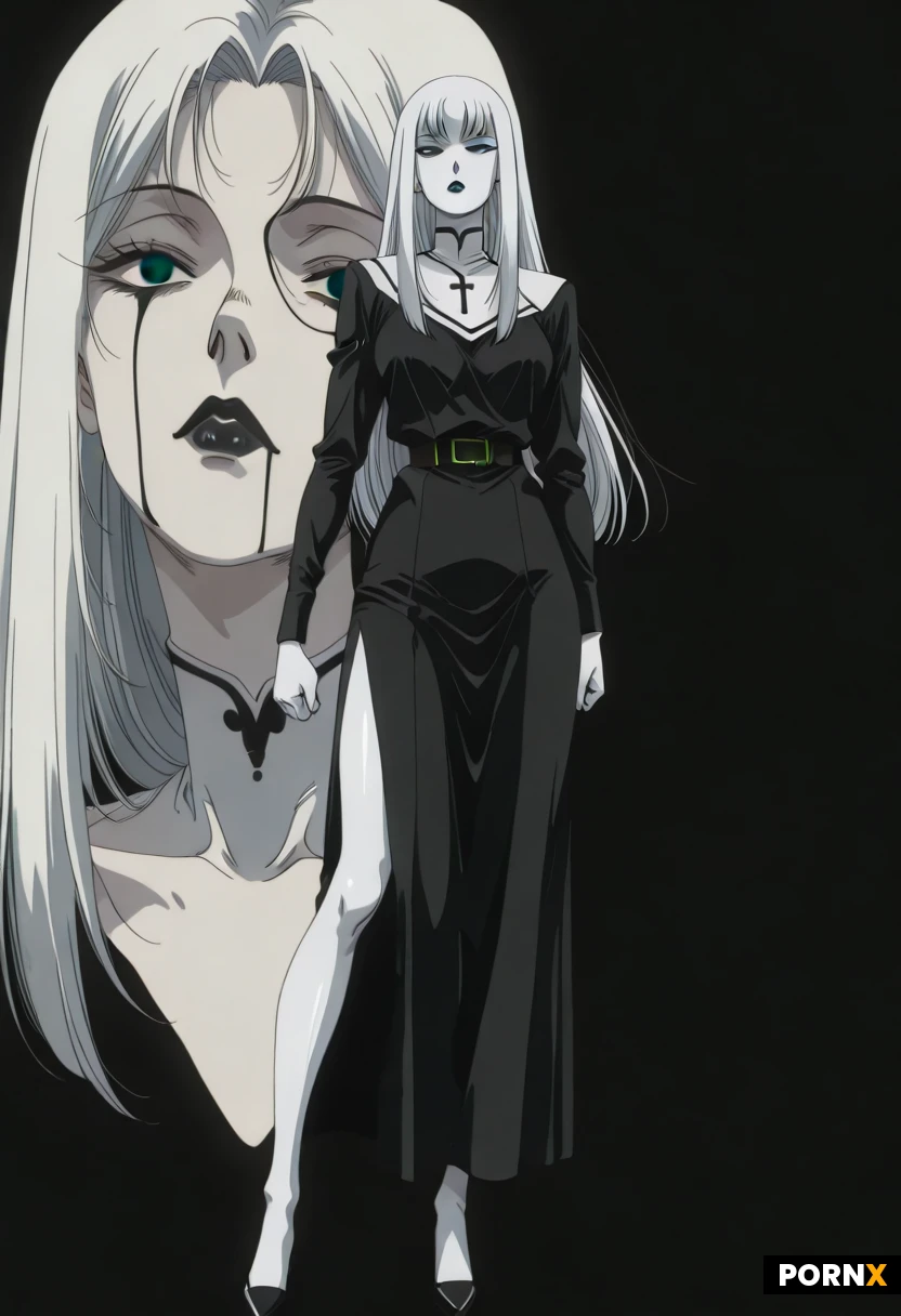 (Full body view) (Black and white photo : 1.8), (black and white only : 1.5), black and white manga : 1.5, high contrast manga panel style, female long hair, highly stylized and exaggerated expression.. (90s anime cellshading art style : 1.8) (stark white skin : 1.5) () (black eyes : 1.3) (black lipstick) (white hair)