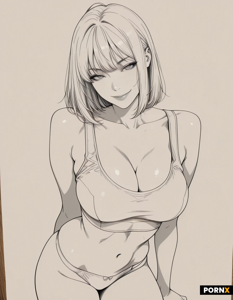 (sketch), sketch lines, charcoal drawing, detailed shading, monochrome, beautiful woman, 18 year old, skindentation, exaggerated feminine features, seductive pose, (perspective:1.2), cleavage, crop top, smile, realistic image, photo, natural, large breasts, detailed skin, bellybutton, panties, fit body, (detailed image:1.2), (ultra-realistic textures:1.1),