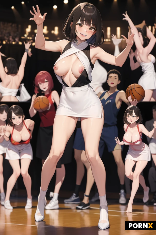 Woman, One, 18 Years old, Japanese, Fit, Big breasts, Large breasts, Medium ass, Cute face, Happy face, Black hair, Bangs, Bobcut, Slicked hair, Brown eye color, Basketball, Mini skirt, Without pants, Cleavege, Full body, Dance pose, Standing