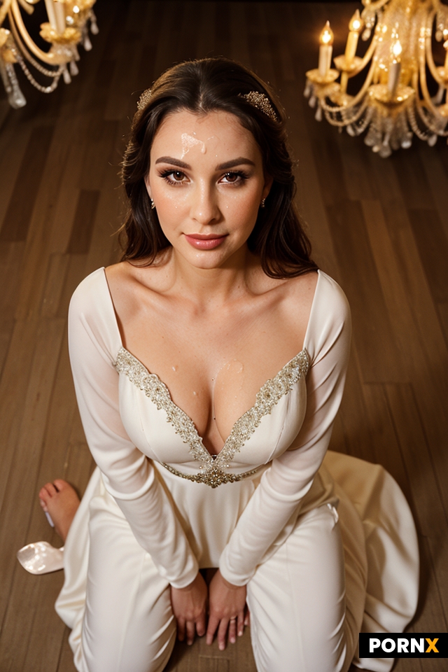 A woman in an elegant evening gown with long sleeves and a high neckline