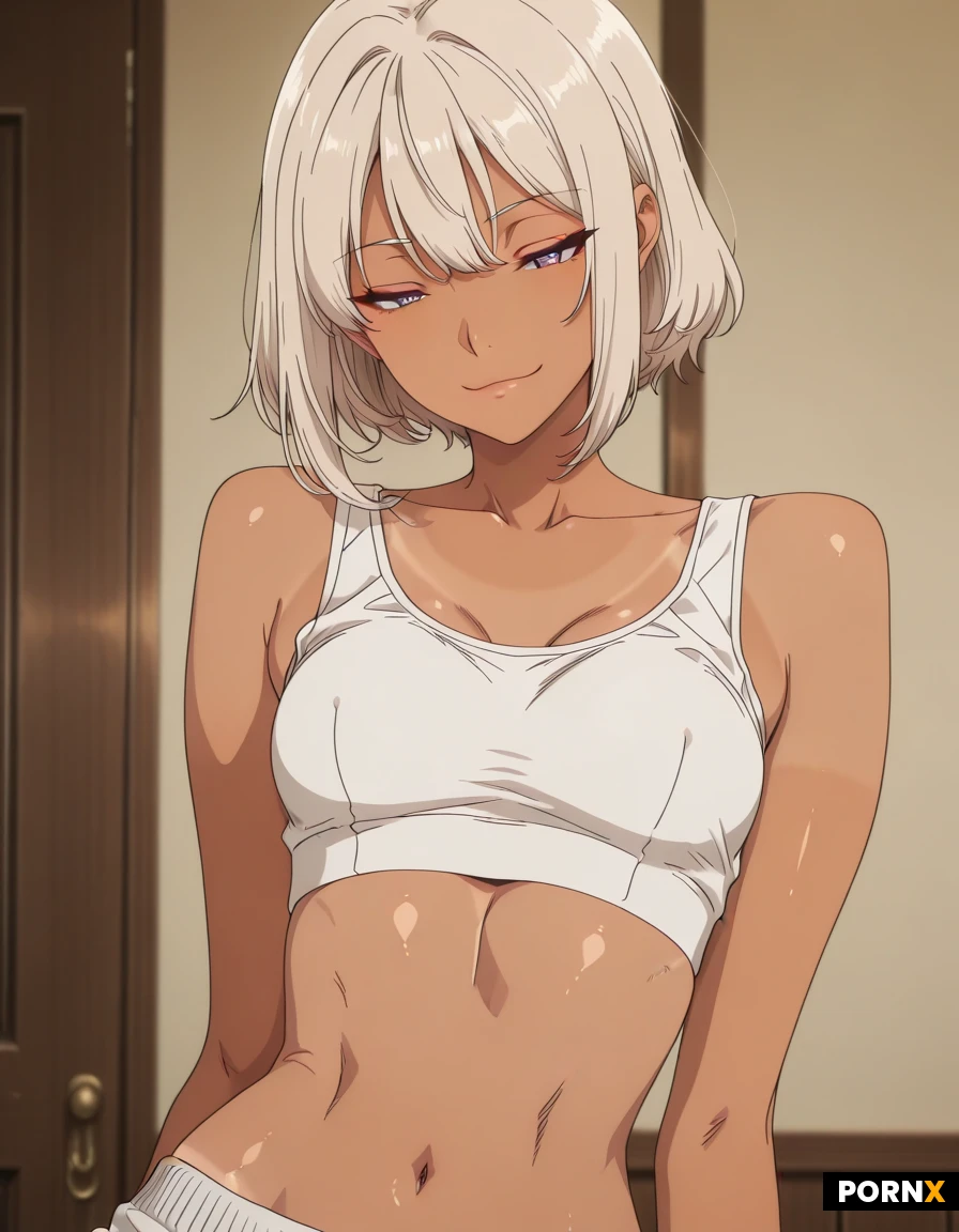 masterpiece, best quality:3, beautiful androgynous girl, highres:3, anime, extreme detail:3, extremely cute sexy girl:3, exposed midriff, sexy midriff, tender face, perfect cute svelte body:1.5, athletic:3, slim:3, lithe body:3, skinny, tanned, beautiful close-up of midriff, sexy close-up, detailed skin texture, striptease,