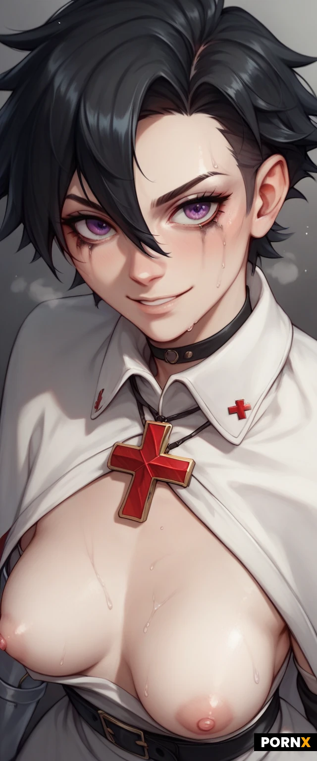 score_9,score_8_up,score_7_up,
((german,spiky asymmetric hair with thin bangs,short black hair)),sharp violet eyes,
,Female,cute,(horny),((pale ceramic skin:1.2)),highly detailed face,highly detailed eyes,smeared mascara,highly detailed nipple,curious,good view,incredibly detailed,professional colorgraded,advanced shadows,meticulously created,perfect masterpiece,alone,black background,close,dutch angle,((asymetric))dappled light,realistic texture,advanced physiks,((beautiful hair)),((small sweaty sloped aparted breasts:1.5)),((big areolas:1.2)),((puffy nipple)),frail smile,((pull breasts)),((fit body:1.3)),(smug:0.7),steaming body,white medieval shirt,silver metal armguards,silver metal corsage,black belt,black choker,white cape,white collar,black waist sash,long black leather boots,long sword,black waist sash,highly detailed hand,wide hips,((close above angle:1.3)),red cross embroidery,