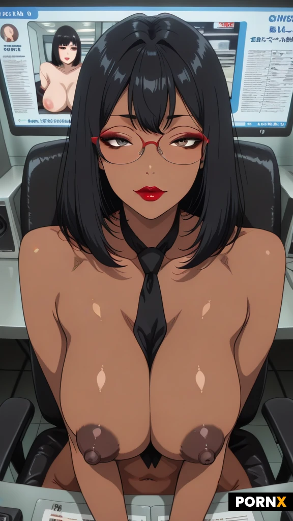 Exotic 22yo African, Asian, Bimbo, Black Hair, Brown Eyes, Makeup Black Eyeliner Ruby Red Lipstick, Perfect Huge Round Breasts, Perfect Breasts, Puffy Areolas, Hard Nipples, Dark Nipples, Skinny, Dark Skin, Naked, Glasses, Necktie, Sitting in Chair Behind News Desk, News Station, TV Station, Broadcasting, Camera View, Television Broadcast, Live TV,