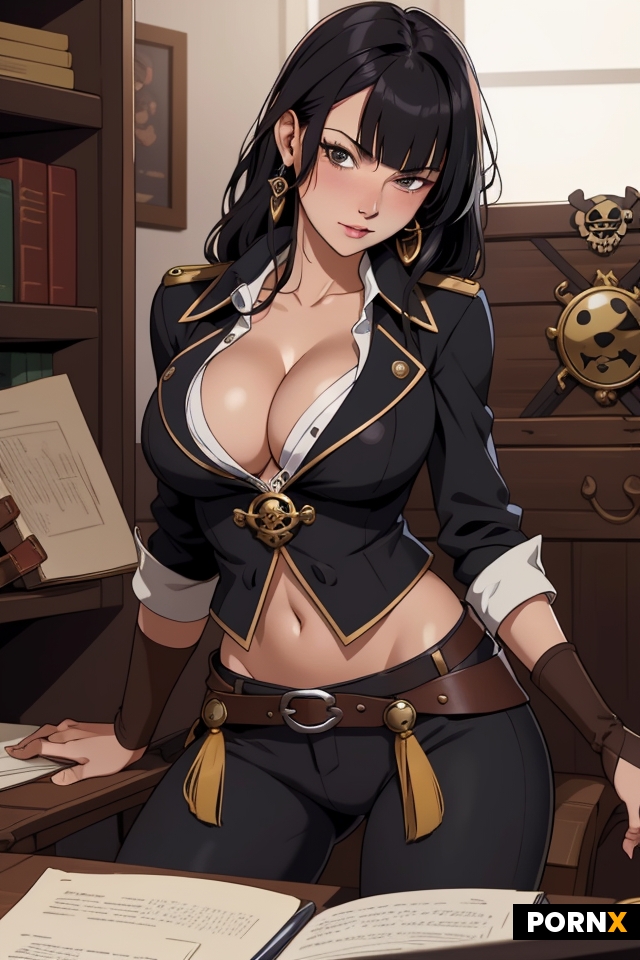 a beautiful pirate captain in her office looking you caressing her cleavage
