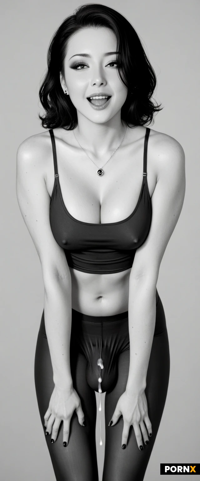 Futanari, Japanese, Cute face, (Makeup: 1.3), happy face, orgasm face, soft face, freckles, Asian face, (big eyes: 1.2), front view, leaning forward, (noir black and white style: 1.7), (transparent miniskirt bulge: 1.5), standing, sheer yoga pants, (dripping cum: 1.5), (thigh gap: 1.4), small breasts, erect nipples, cleavage, (small rounded belly: 1.3), satin tank top