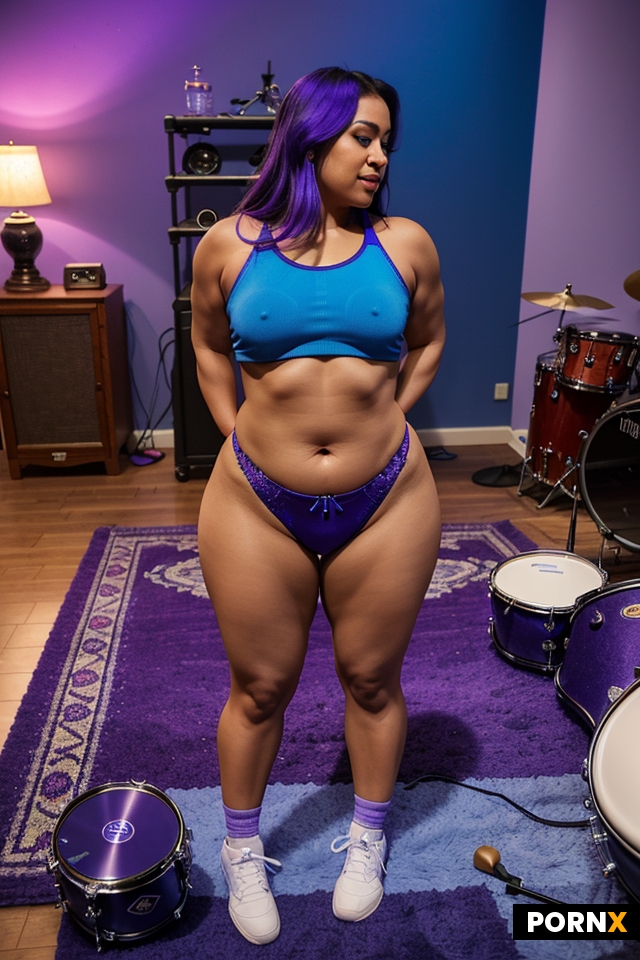 The room is dimly lit with a mix of blue and purple lighting