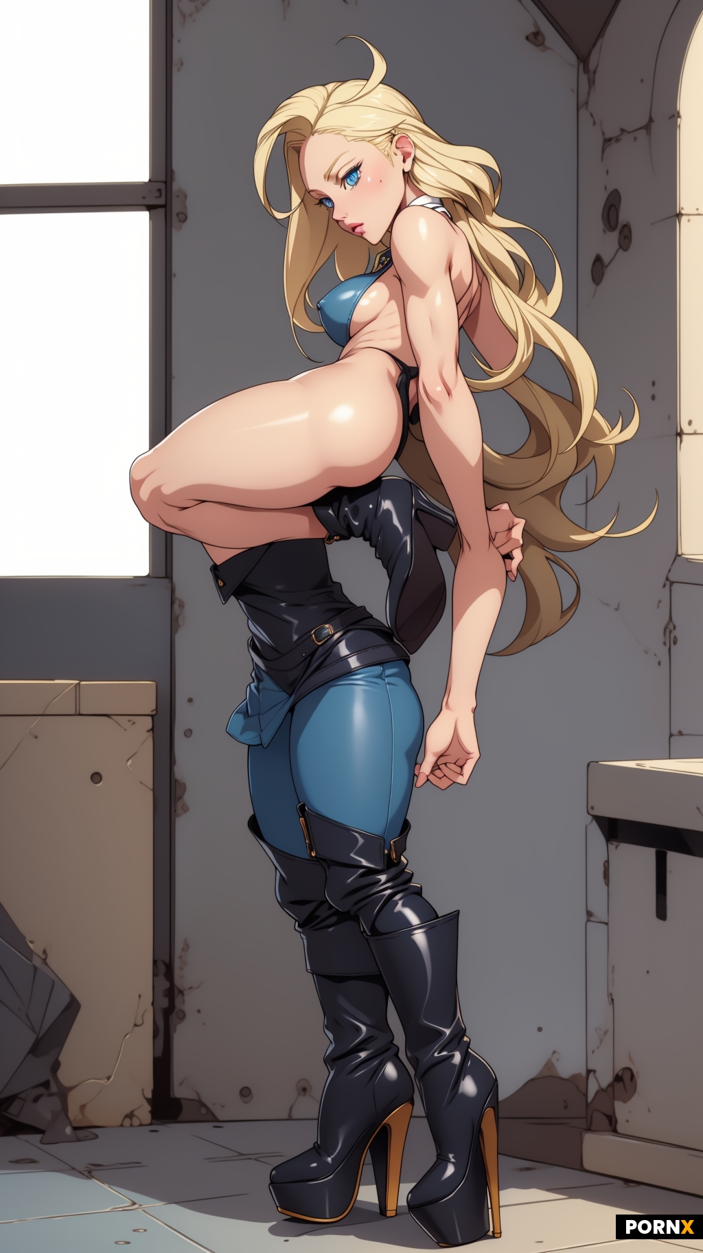 White girl Skinny legs small ass small waist busty gigantic boobs blonde hair blue eyes leather high