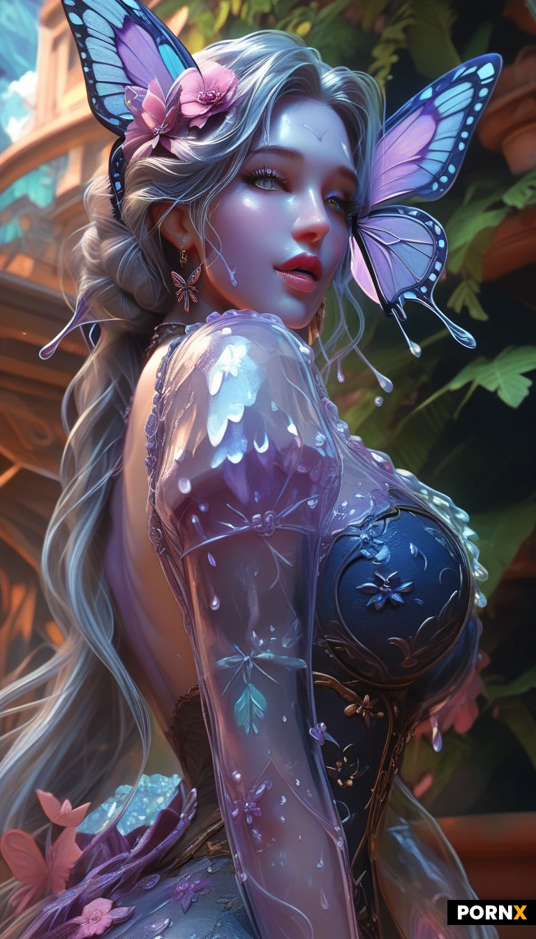 high definition, beautiful slime woman, curved body, crystal clear transparent skin, big breast, thick thighs, cowgirl style, vaginal penetration, man's penis is visible from outside in her body, see through transparent skin,detailed face, background, fantastic garden, spring fountain, butterfly, flowers