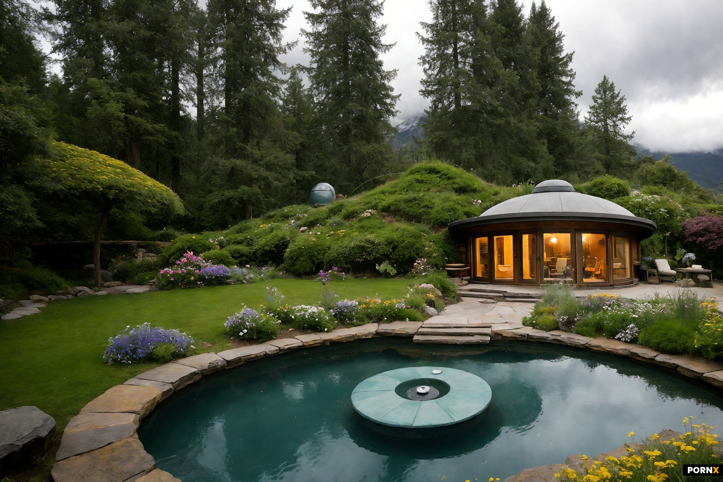 A futuristic sci-fi style hobbit house in the foothills with a big round circular wooden door and ci