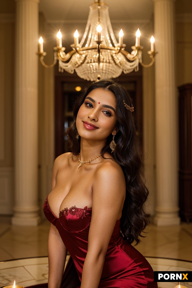 Indian woman celebrating her birthday in a scarlet red gown that has deep cleavage showing her mediu