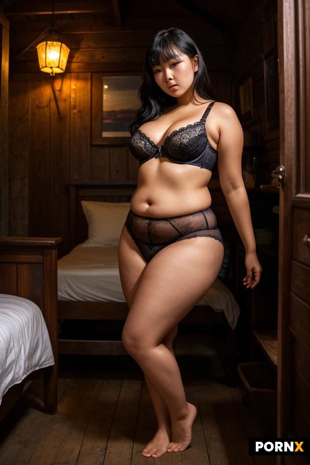 Woman, One, 20 Years old, White, Asian, Fat, Tanned skin, Big breasts, Thick thighs, Big ass, Makeup, Beauty face, Black hair, Antique clothing, Bra, Underpants, Intricate clothes, Portrait, Standing, Wood cabin, Bed, Dimly lit, Dark scene, Digital art