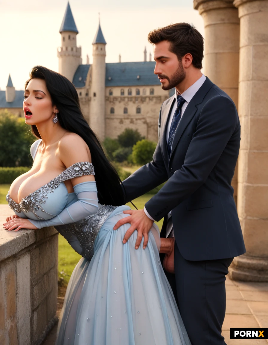 hdr,ultra high details,(gigantic round breasts),beautiful bimbo,Black hair,Beauty,cute face,big eyes,tight hair,high hair dutt,British,German,elegant lady,Small nose,small waist,(fairy tale gown cosplay),Intricate clothes,Medieval clothes,Transparent clothes,fully clothed,man standing behind,(big white cock), anal doggystyle ,anal penetration,moaning,man holding ass,dominant anal,castle,close side view,