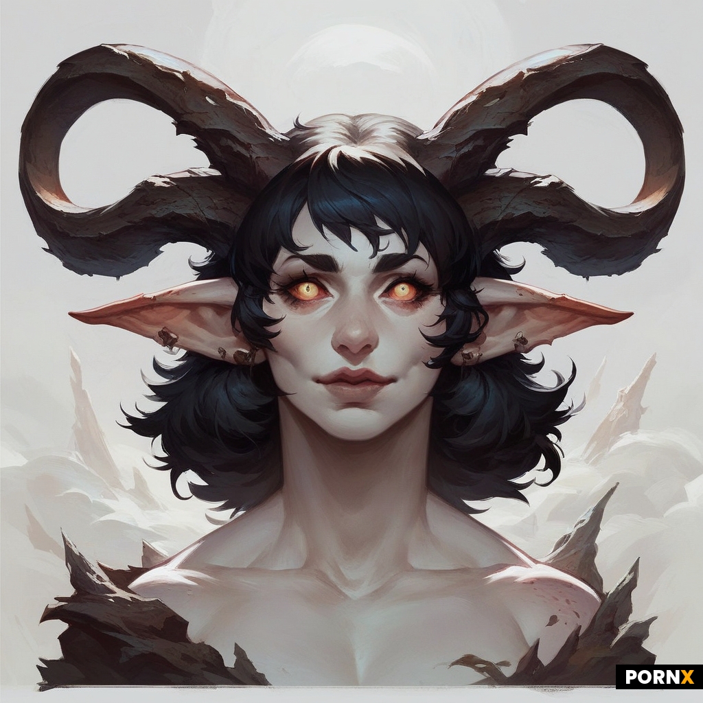 art painterly + goblin-girl + albino white skin + big cute eyes + black hair + horns + white backgro