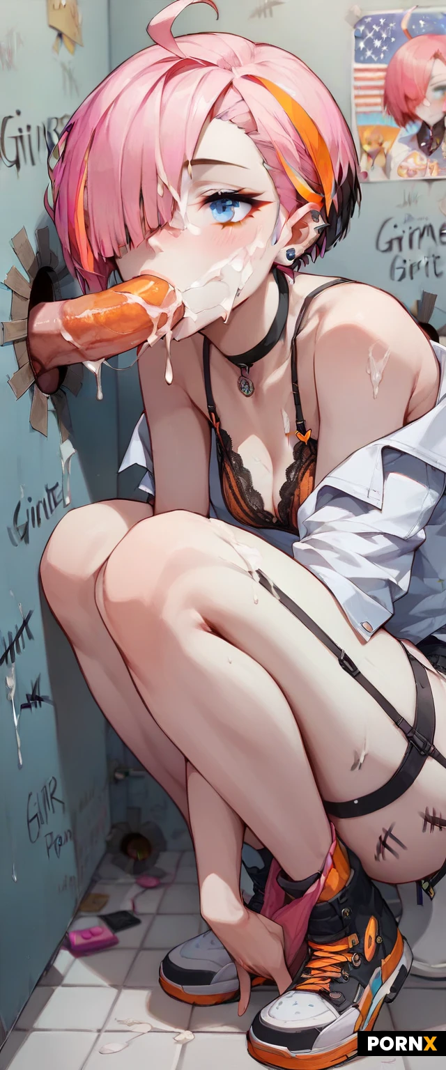 score_9,score_8_up,score_7_up,
((german,(himecut hair),asymmetric bangs,((pink hair with black sidehead)),(tied orange highlights),blue eyes,
,one eye covered
,Female,cute,(horny),((pale ceramic skin:1.2)),highly detailed face,highly detailed eyes,smeared mascara,highly detailed nipple,curious,good view,incredibly detailed,professional colorgraded,advanced shadows,meticulously created,perfect masterpiece,black background,close,dutch angle,((asymetric))dappled light,realistic texture,advanced physiks,((beautiful hair)),sloped aparted breasts,wide hips,pink puffy nipple,big areolas,black garter belt,cute,spreading top,tucked down panty,wraped around leg,trim colored pubic hair,cum on clothes,cum on underwear,horny gaze,intricate fabrics,lewd,lace bra,choker,((cum on body)),used,ahoge,well shaped scene,confident,vibrators,beads,tally count,((gloryholes)),wall gloryholes,posters,in restroom,gloryhole penis blowjob,deepthroat,multiple penis,squatting down,fingering herself