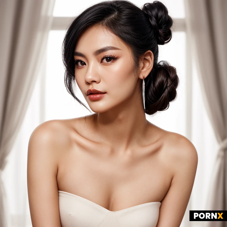 Chinese woman in her 20s with a sleek angular face and a tapered camera-perfect jawline, ((sharp dramatic eyes extending upward)), fair porcelain skin with a polished even finish, straight nose with an elegantly narrow tip, bold heart-shaped lips with a crisp outline, flawless airbrushed-quality complexion that reads perfect under stage lights, jet-black hair in a tight coiled top-back bun, sitting midway between crown and nape, clean center part feeding into the bun, medium-volume hair keeping the bun neat and compact, natural skin texture, soft photorealistic detail