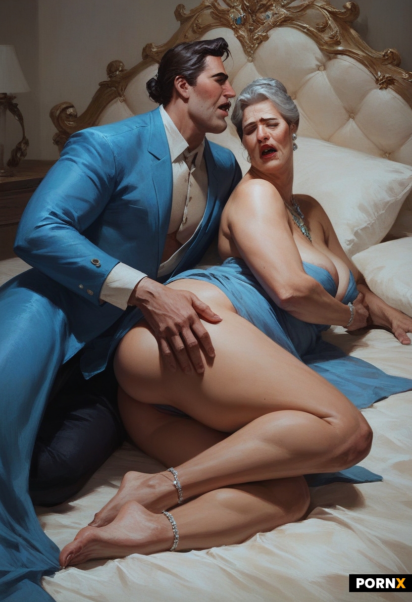 Dapper younger man is spooning grandmother laying behind her busty chunky grandmother underneath bla