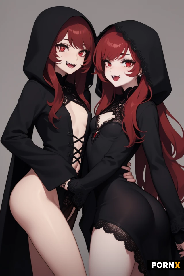 Trans woman, one person, 18 years old, brown skin, short, skinny body,small penis, medium breasts, small ass, dark red ombre hair, long straight hair,black red eyes, black eyeliner, black lace dress, lace sleeves, dark gothic hood, nose piercings, fangs