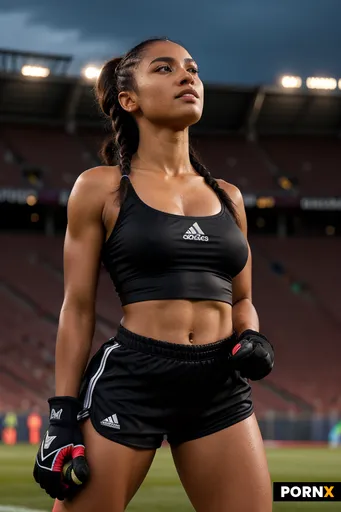 An athletic African woman in her early thirties with deep mahogany skin