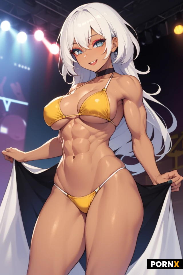 Woman, Stage, Model pose, Muscular, Fit thighs, Makeup, Long eyelashes, Happy face, White hair, Blue eye color, Yellow skin, Natural breasts, Bikini, Intricate clothes, 20 Years old, Scandinavian, Standing, Oiled skin, Tanned skin, Ginger hair, Brunette hair, Fluffy hair, Pixie cut