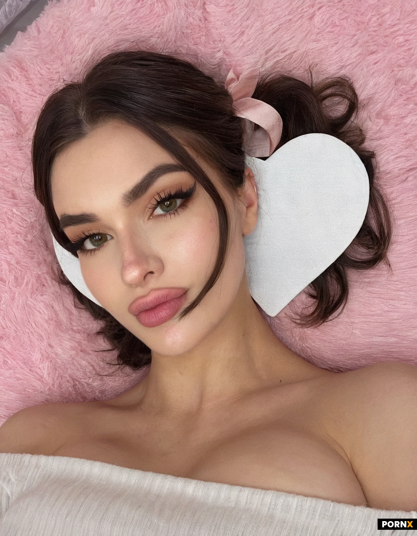 An exceptionally beautiful 20-year-old adult brunette woman with a softly sculpted heart-shaped face, warm golden-olive skin, large deep brown almond-shaped eyes, naturally thick dark eyebrows, long curled eyelashes, a straight nose, high feminine cheekbones, full soft pink lips with a defined cupid’s bow, a delicate jawline, a small rounded chin, subtle natural facial asymmetry and realistic skin with fine pores