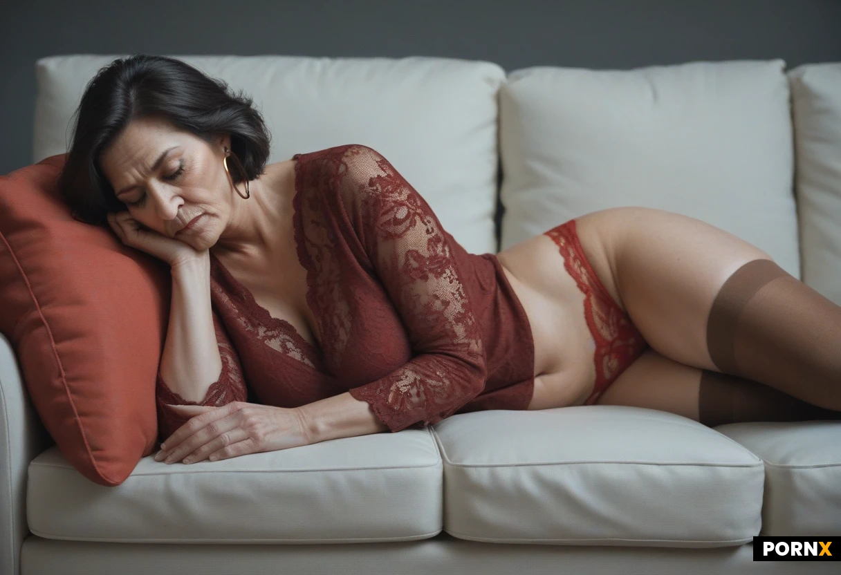 female sensuality, (extremely tired woman: 1.35), (laying on side: 1.2), (head resting on cushion: 1.1), with her legs apart, Closed Eyes, (brown stockings: 1.3), Italian woman, 50+, (Milf: 1.3), black hair, pale skin, (bob hair: 1.2), eyelashes, hoop earrings, fox, attractive face, perfect nose, voluptuous figure, bodacious, tall, lace shirt, red lace panties, <lora:detailed_notrigger:1.3>
