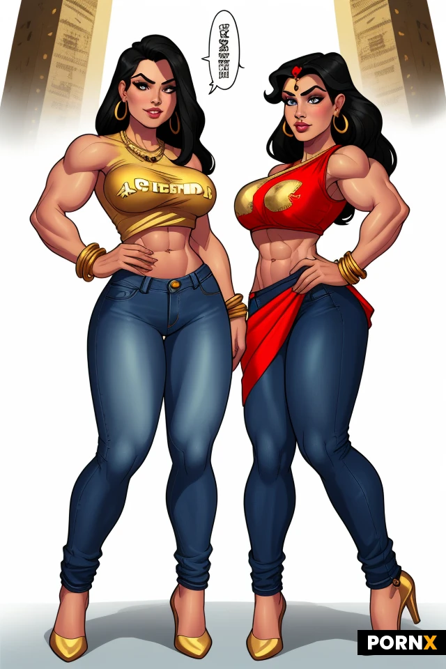 One lady, a split on centre of her face, splitting her as left and right half from middle. No earring on left ear, trimmed on left side, long hair on right side, big gold earring only on right ear, saree on right, jeans on left. Full f1 racing t-shirt on left. gold jewelleries on right.
No bangles on left hand, building bicep and tricep. Gold Bangles on right hand, Saree drapped on right from right top to right bottom, jeans on left. Masculine buldgy bodybuilder on left, feminine on right.
Image only no text from now
Only feminine and muscular women, no man.
Make the face symmetric, while keeping split. And full body view