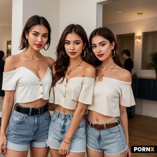A photorealistic lifestyle photograph of three Asian women standing shoulder to shoulder
