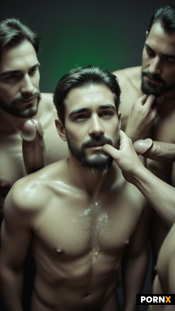 (Cute_man:1.0),(masculine male:1.0),
(high angle :1.3),sideview
(Tilt_back_head),(hand on face:1.0),( finger in mouth:1.0),(in the middle of group of men,surrounded by penises:1.3),(gay gangbang),(transparent white liquid on chest:1.2)
(Hesitate),(manly face:1.3),thick eyebrows,open mouth,(goatee:1.3),(beard:1.3),(mustache:1.0),
(hairy:1.3),((Skinny_adult,flat_chest:1.3):1.3),(oiled:1.0)
(cinematic studio light,frontlit)
Sepia,desaturated,28mm focal length
(Misty background:1.3)