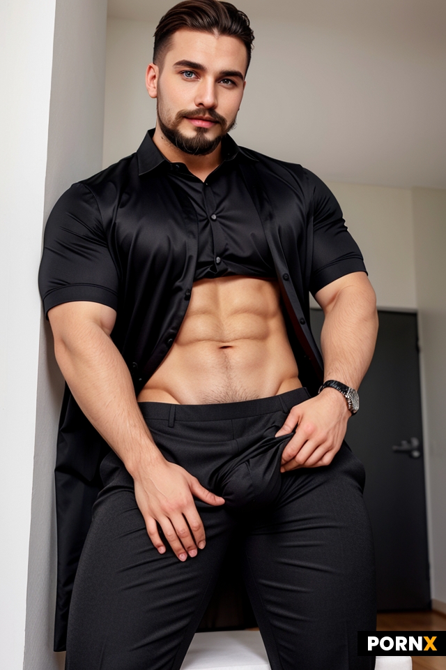 German 20 male trimmed facial hair wearing dress pants rubbing bulge