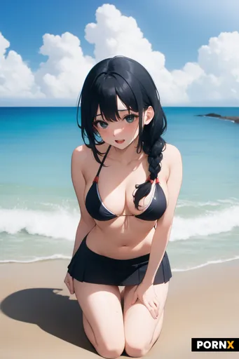 deepthroat bikini mini skirt kneeling beach black hair braided dripping closup
