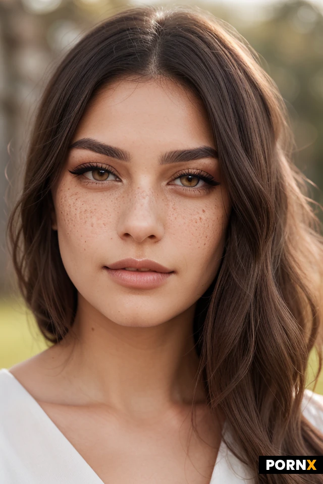A 22 years old woman with a warm olive complexion and naturally sun-kissed skin. She has a softly oval face with gently defined cheekbones, a delicate tapered jawline, and a subtly pointed chin. Her face has balanced, feminine proportions with natural, realistic asymmetry.
Her eyes are almond-shaped, medium-sized, slightly elongated toward the outer corners, with warm hazel-brown irises and subtle golden undertones. She has thick, dark, well-defined eyebrows with a natural arch. Her upper eyelids have a soft crease, and her eyelashes are long, dark, and naturally curled, enhanced by subtle black eyeliner.
Her nose is straight and proportionate, with a narrow bridge, a softly rounded tip, and naturally shaped nostrils. Her lips are full and well-defined, especially the lower lip, with a distinct Cupid’s bow and a natural muted rose-pink color. Her lips have a soft, slightly glossy finish.
Her skin has a realistic fine texture, subtle pores, faint freckles across the bridge of her nose and upper cheeks, and a natural warm blush. Her makeup is understated and elegant: softly bronzed cheeks, neutral brown eyeshadow, delicate eyeliner, and nude-rose lip gloss.
Her hair is very dark brown, almost black, with subtle warm brown highlights in sunlight. It is thick, with a slightly tousled texture, styled in a messy high bun with loose face-framing strands falling across her forehead and cheeks.