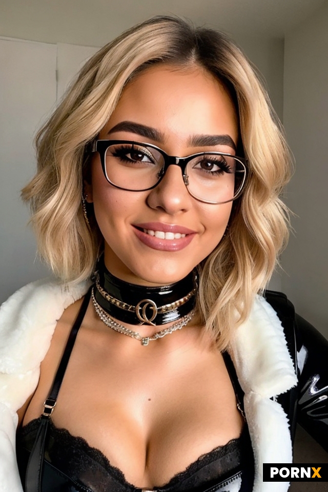 A cute 20-year-old busty latina nerd with glasses wears a choker