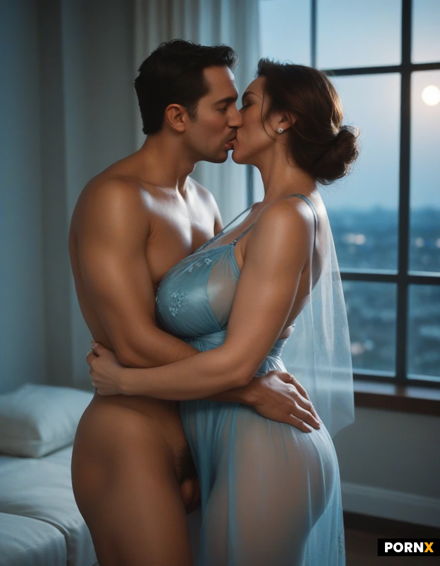 beautiful woman, straight brown hair with bangs, tanned skin, huge breasts, curvy body, face to face sex, sitting on lap, embracing, kissing, penetration, sheer silk nightie, see-through, thin straps, dim bedroom at night, moonlight through window, blue shadows, milf, middle-aged, 40 years old, standing, hair down, small breasts, thick hairy pussy