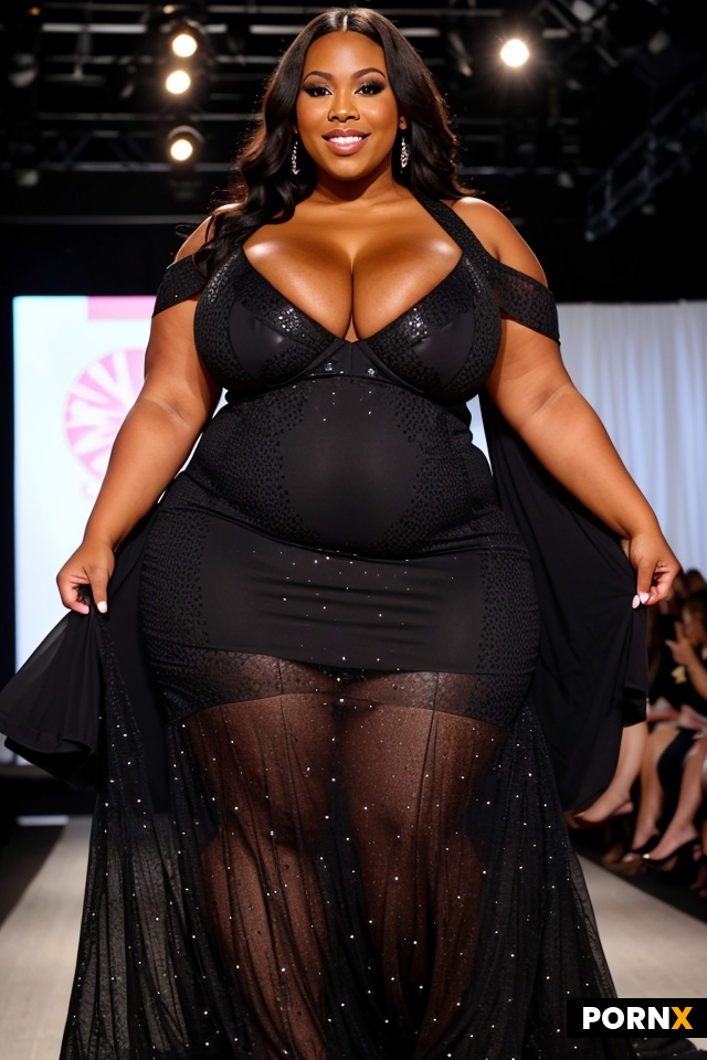 black bbw milf pornstar wearing dress posing on fashion runway