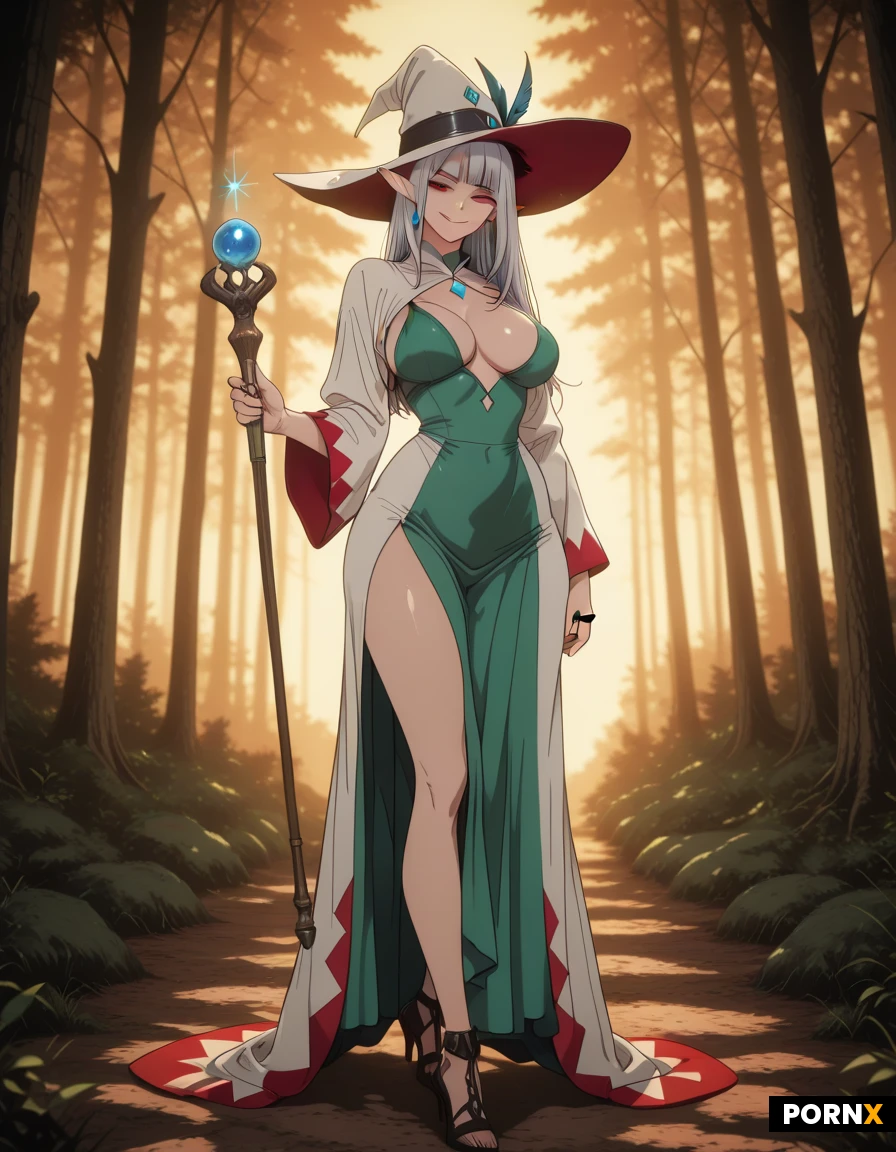 elf, mage, white mage dress with blue stars, hat mage, masterpiece, best quality, highres, absurdres, 1girl, adult, solo, long_hair, grey_hair, red eyes, skinny, large_breasts, seductive, looking_at_viewer, smirk, forest, soft_lighting, warm_lighting, close_up, shallow_depth_of_field, hot elf, skirt, scepter in hand, heels, rings, earrings, neckline, elf village