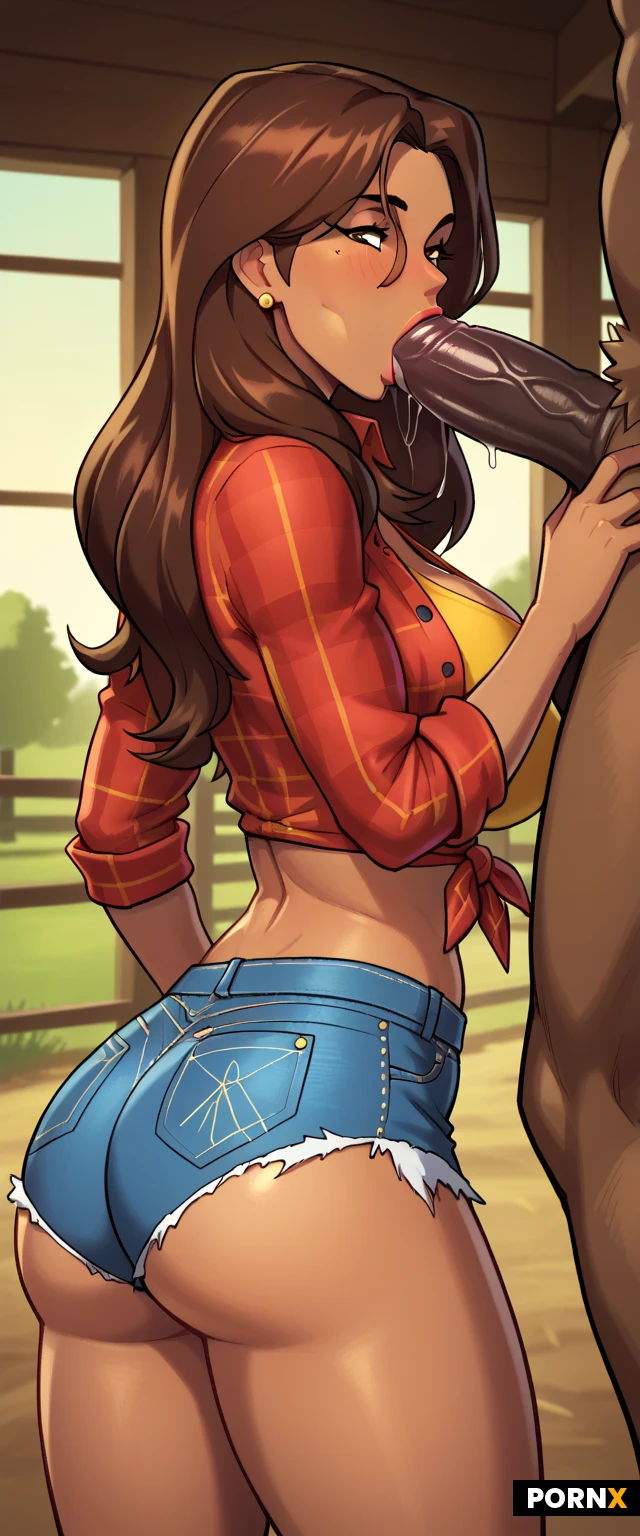 Brown skinned woman, South Indian, 35 years old, milf, sexy, brown eyes, dark brown hair, long hair, fringe, bangs, hip lines, cute, medium breasts, medium ass, perky breasts, busty, slim thick, skinny, midriff, flannel front tie top, jean shorts, low rise shorts, barn, Male Minotaur, big black cock, blowjob