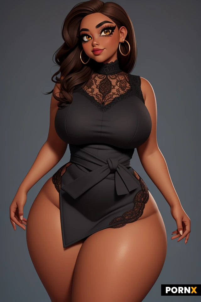 woman, dark skin, light brown hair, lots of makeup, (thick black eyeliner:1.1), (eye shadow:1.1), thick lips, earrings, (curvy:1.5), (thick:1.45), (wide hips:1.5), (thick thighs:1.45), (narrow waist:1.475), lipstick, (large eyes:1.1), (amber eyes:1.1), lace dress, smirk, portrait