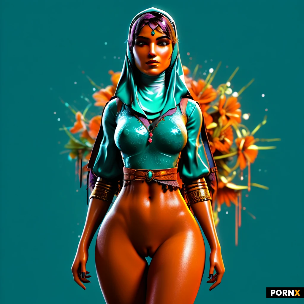 masterpiece, best quality, highres, absurdres, 1girl, solo, Persian, 30s, curvy, huge_breast, slim_waist, large_butt, fat_pussy_lips, black_hair, hime_cut, medium_hair, duck_face, hijab, jewels, looking_at_viewer, soft_light, backlit, portrait