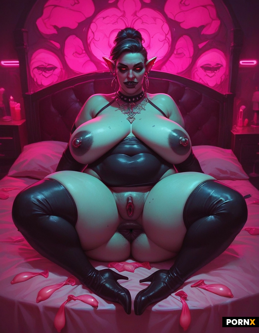 So much fat plus size Goth goblin milf mom obasan with big fat pumped black nipples full body on bed