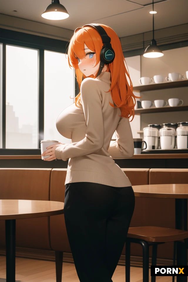 masterpiece, best quality, highres, absurdres, 1girl, solo, orange hair, light blue eyes, headphones, black headphones, sweater, white sweater, wool sweater, sweatpants, black sweatpants, big breasts, big ass, standing, coffee cup on table, blushing, coffee shop, indoor, soft lighting, sitting down on a chair, table in front of her