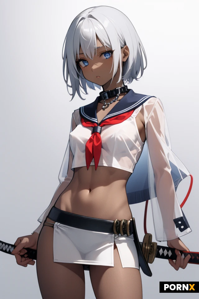 1girl, solo, silver hair, very short hair, blue eyes, cool expression, boyish face, dark skin, small breasts, toned body, thin build, collar with long chain, japanese sword, see-through sailor uniform, no bra, no skirt, see-through thong, sword belt, katana