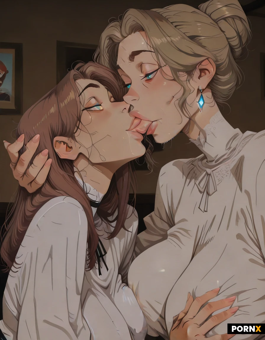 Two women, age difference. Brown hair, blue eyes. The older woman is maternal and curvaceous. The younger woman is slender and willowy. Tit sucking