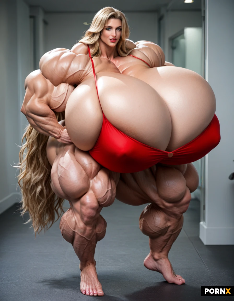 beautiful platinum blonde woman, long wavy hair, huge breasts, hourglass curvy body, fair skin, Full body sideview image of a ultimative Super mega muscular female hyper muscle bodybuilder model, fixing her hair, in her 20s, super slim tiny waist, incredibly mega exaggerated huge boobs, ultra detailed, high resolution, anatomically accurate, perfect fingers, perfect anatomy, (hyper extreme colossal breasts: 1.09999), her soft floppy drooping tight natural breasts spill down to her sides, breasts drop to the sides of her chest, hyper massive breasts, breasts hypertrophy, disproportionately(gigantic colossal hyper breasts: 1.09999), unrealistic breasts size, giant expansion breast, extremely huge voluptuous breasts, massive breasts, bodylong hair, straight super long golden hair, (exaggerated long hair: 2.1), super defined sixpack which shows every single ab absolutely ripped and defined, perfect hourglass figure, super mega thick mammoth tree like muscular legs, perfect face, feminine face, female facial features, perfect facial features, ultra sexy face, natural face, realistic face, perfect muscular hourglass, Bright green eyes, Extrem exaggerated muscles, ultra hyper massive muscle, expansion muscles, musle goddess, wearing a red bikini, perfect skin, ultimate muscles, long legs, massive muscles, overgrown hypermassive muscles, mega muscles, giganteque muscles, beyond female musle-goddess, mega muscles overgrowth at leg and abs, ultra exaggerated overgrown leg muscles, hypermassive expanded leg muscles, hair reaches the floor, disproportionately(gigantic colossal hypermuscular legs : 2.2), delicate feet, beautiful feet