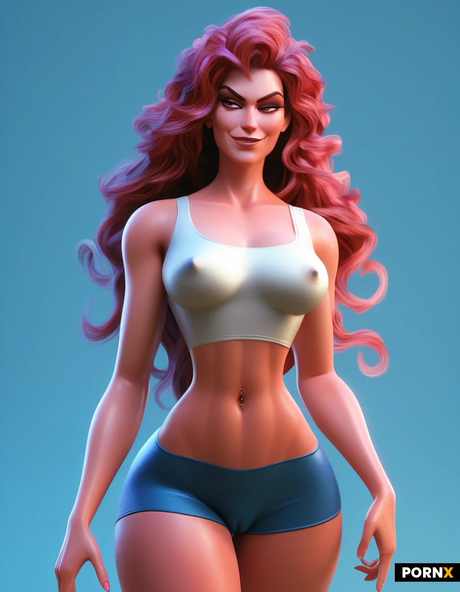 skinny curvy hourglass figure, dyed fiery red wavy hair to mid-back, pale skin with freckles across nose and chest, full breasts, tiny waist, rounded hips, pierced navel. Wearing a tight cropped white tank top, hard nipples, exposing midriff, low-rise yoga shorts showing cameltoe, hip bones, glossy lips, playful smirk, bedroom eyes.