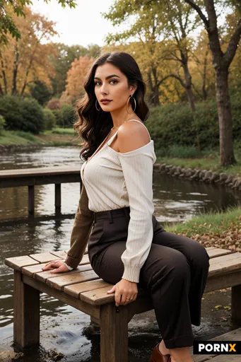 Photorealistic full-body autumn fashion editorial portrait of an adult woman in her late twenties si