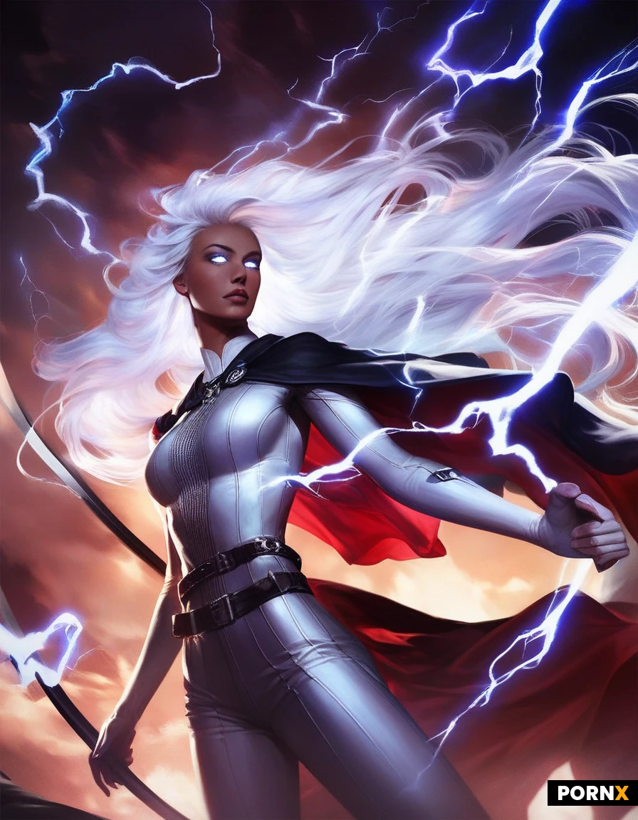 high definition, super realistic, pretty heroine, pretty face, curved jody, she is floating in the middle of the air, long flowing white hair, solid white glowing eyes, dark toned skin, wearing silver white tight bodysuit, dramatic flowing dual-cape attached to wrists, thin belt with red buckle, white electricity emitting from her hands. background, dark stormy sky, with thunderclouds and bright lightning flashes ,detailed face, detailed eyes, dynamic angle
