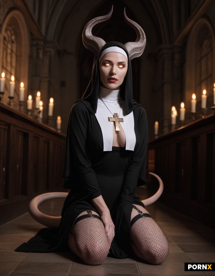 A kneeling nun with a terrified expression