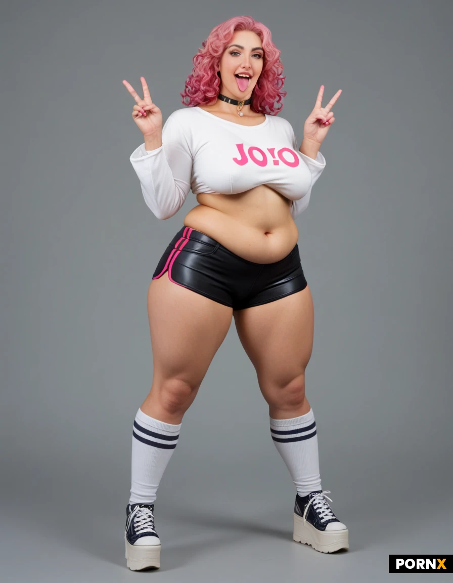 A plus sized K-pop star. KOREAN. Chubby. JoJo's wardrobe reads as deliberate provocation against modesty through the language of cartoon rebellion—oversized graphic sweatshirts cropped to expose her soft underbelly, spandex shorts that disappear between her substantial thighs, knee socks that squeeze her calves and highlight their heft. Neon pink curls piled impossibly high, chokers designed to squeeze just slightly, platform sneakers that force her hips to sway with every step. Colors clash aggressively: vivid yellow against electric purple, rainbow stripes cutting across pale flesh. Every piece is two sizes too small or three sizes too large, never fitting properly by design. She's sticking out her tongue and doing a peace symbol, manic. you can see at least some of her tits and ass or pussy, shes jumping in the air