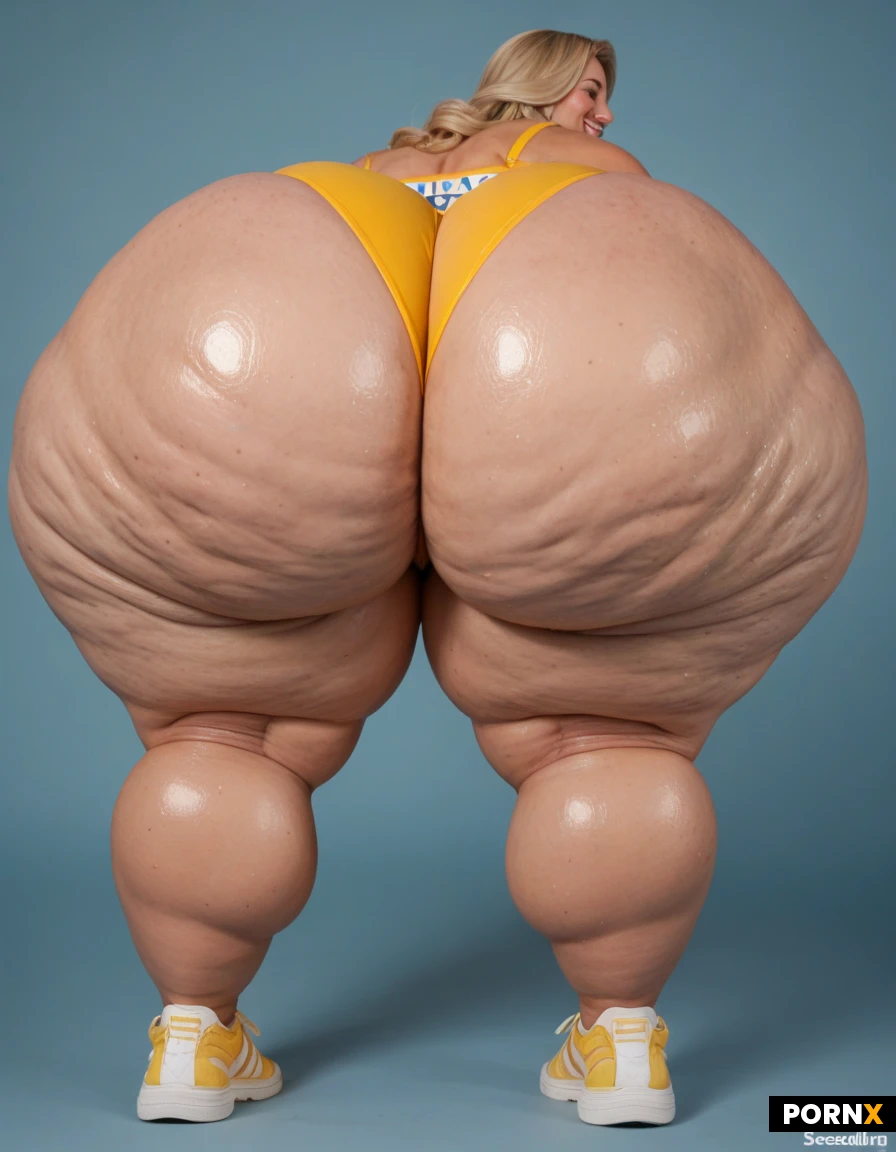 Blonde 20 year old swedish, wide hips, massive glutes and hamstrings,yellow sneakers, blue sportsbra and yellow gymshorts,,pontail, blonde hair, freckles, pale skin,thick legs,side pose,,oiled skin, bubble butt,full body view,(swedishflag logo on clothes),cellulite,happy,bending over, massive ass,super sweaty,rear view, ,sweaty clothing,
