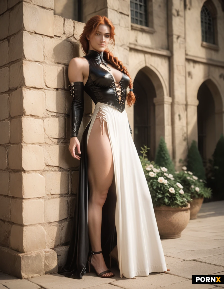 White, 20 Years old, Skinny, Fit, Medium breasts, Natural breasts, Fit thighs, Medium ass, Seductive smirk, Ginger hair, Braided hair, Long hair, Green eye color, Leather costume, Medieval clothes, Cleavege, Intricate clothes, Full body, Dynamic angle, Standing, Ancient city